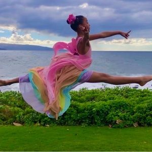 Gorgeous rainbow tiered high low Millie Mae dress.